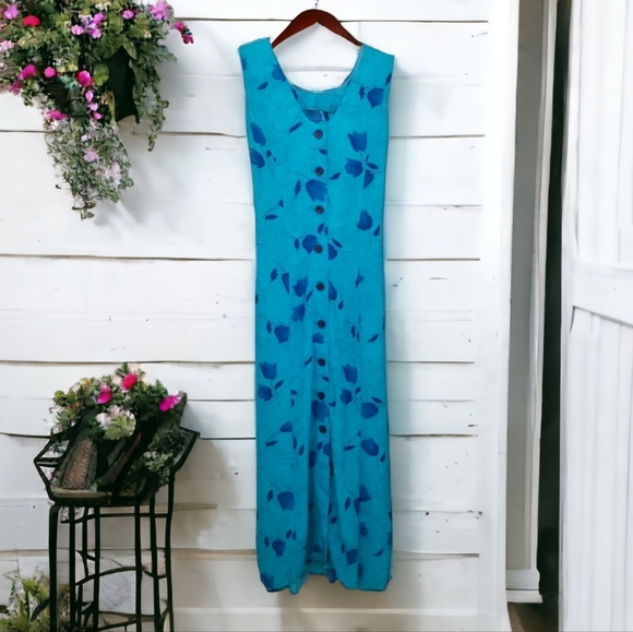Expo Women's Blue Floral Long Sleeveless V-Neck Maxi Button Down Dress Size 8 - Picture 1 of 13